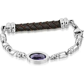 Náramek Kožený náramek s ametystovým kamenem a stříbrnými detaily