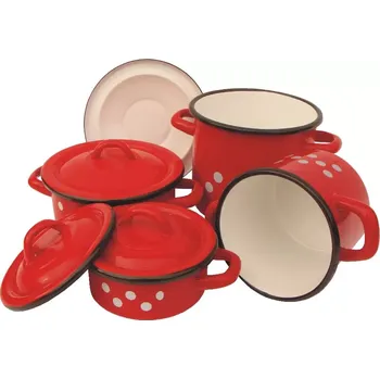 Hrnec Čtyřdílná souprava s poklicemi smaltovaná Retro červená s bílími puntíky velká (červeně smaltovaná souprava nádobí s bílými puntíky velká v ikonickém retro designu)