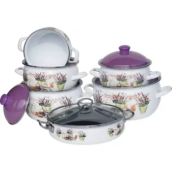 Hrnec Dvanáctidílná souprava smaltovaná levandule (sada bílých buclatých kastrolů s poklicemi a pánví se skleněnou poklicí s květy levandulí)