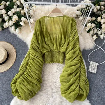 Dámská halenka Šifonová crop halenka s volánkovými rukávy Barva: Zelená, Velikost: ONE SIZE