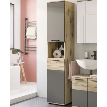 Koupelnový nábytek Vysoká koupelnová skříňka Mason, dub/šedá