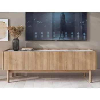 Televizní stolek TV skříňka Boho, dub riviera/bílý mramor