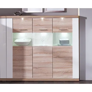 Obývací stěna Široká vitrína Caracas typ 22, dub/bílý lesk, s osvětlením