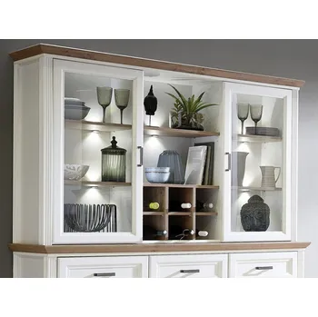 Knihovna Nástavná vitrína s přihrádkami Jasmin, bělená pinie/dub, s osvětlením