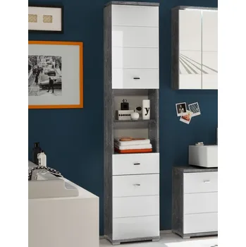 Koupelnový nábytek Vysoká koupelnová skříňka Pool, šedý beton/bílý lesk