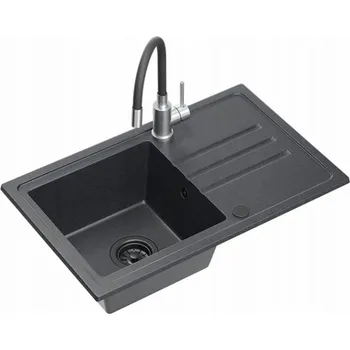 Granitový dřez Dřez BEN 111, černý tečkovaný granitový dřez, 70x44, s černou baterií, ohebným výtokem, černým sifonem a černým uzávěrem