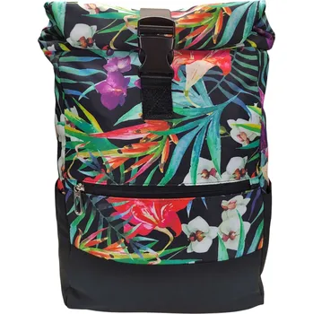 Městský batoh Černo-zelený dámský rolovací batoh s květinami Bellinda