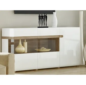 Komoda Široká komoda s prosklením Linate, bílý lesk/dub