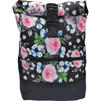 Městský batoh Černo-modro-růžový dámský rolovací batoh s květinami Bellinda