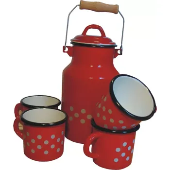 Sada nádobí Souprava 4 smaltovaných hrnků 0,40 L a 2 L konvičky (smaltované hrnky červené s puntíky a konvička na mléko - skvělý dárek pro milovníky stylu)