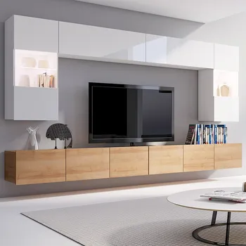 Obývací stěna Obývací stěna CALABRINI d | 300 cm | 7 dílů CH1 | dub zlatý/bílá lesk