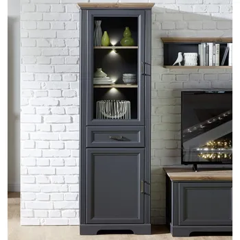 Knihovna Vysoká vitrína Jasmin, grafit/dub, s osvětlením