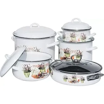 Hrnec Pětidílná souprava nádobí levandule s pánví 26 cm (pětidílná souprava bílého smaltovaného nádobí s pánví s potiskem levandulí)