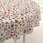 Vánoční bavlněný kulatý ubrus Sandra SA-516 Vánoční perníčky a ozdoby na bílém Ø 150 cm