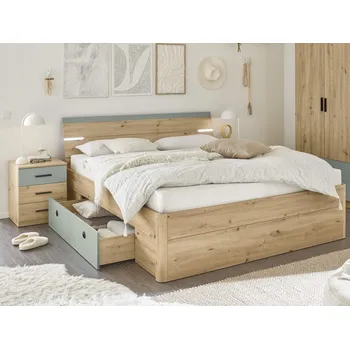 Ložnicová sestava Postel s nočními stolky Savina 180x200 cm, dub artisan/šalvějová, s osvětlením