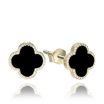 Náušnice MINET Pozlacené stříbrné náušnice čtyřlístky s onyxem JMAS7043XE01