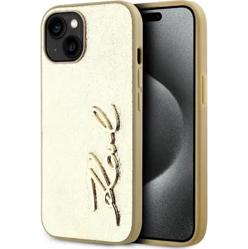 Kryt na mobil Karl Lagerfeld Wrinkled PU Signature Logo Zadní Kryt pro iPhone 15 Gold
