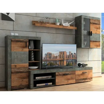 Obývací stěna Obývací stěna Pico, tmavý beton/vintage optika dřeva, s osvětlením