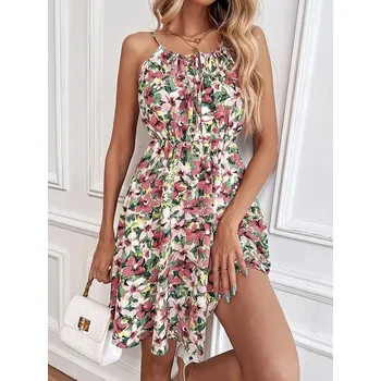 Dámské šaty Letní květinové šaty na ramínka Barva: Růžová, Velikost: L