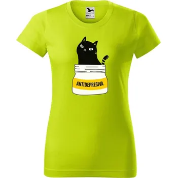 Dámské oblečení DOBRÝ TRIKO Dámské tričko s potiskem s kočkou ANTIDEPRESIVA Barva: Limetková, Velikost: XS