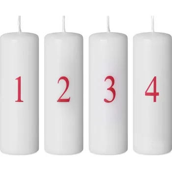 Svíčka Emocio adventní svíčky 40x120 bílé barvy s červeným potiskem čísel 4 ks