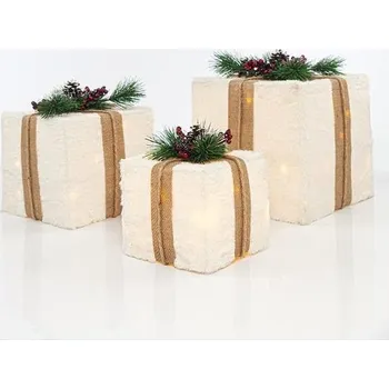 Vánoční dekorace EUROLAMP Vánoční dekorace - osvětlené dárkové krabičky s bílou kožešinou, 3 ks
