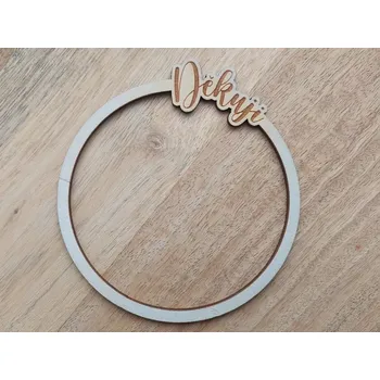 Lapač snů Dřevěný kruh pod macramé andělku - placatý DĚKUJI - 10 cm