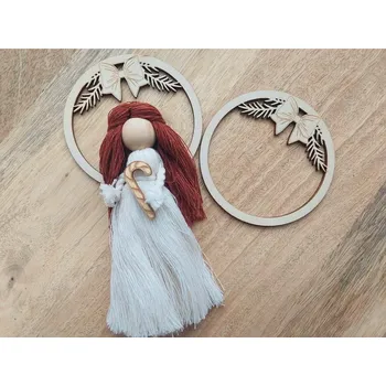 Dřevěný kruh pod macramé andělku - placatý s mašličkou - 8 cm