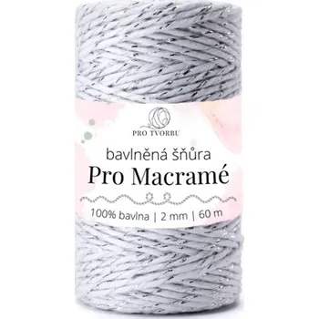 Příze bavlněná šňůra Pro Macramé – STANDARD COTTON 2mm / 50 m - bílá se stříbrnou nitkou (Šňůra na macramé, 50 m)
