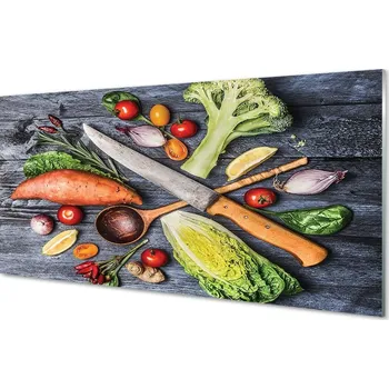 Obraz Obraz na skle Nůž vlákna příze špenát rajčata 125x50 cm 2 Přívěsky