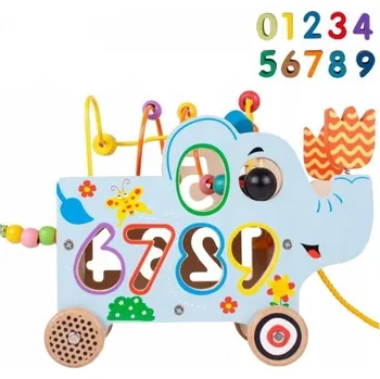 Dřevěná hračka Vzdělávací sada Tulimi Edukační dřevěný slon s kolečky, labyrintem a čísly