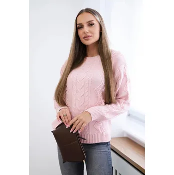 Dámský svetr Svetr s copánkovým vzorem a třásněmi model 2024-13 pudrově růžový
