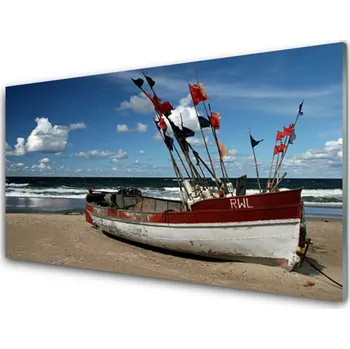 Obraz Obraz na skle Moře Pláž Loďka Krajina 125x50 cm 2 Přívěsky