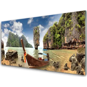 Obraz Obraz na skle Loďka Kameny Krajina 125x50 cm 2 Přívěsky