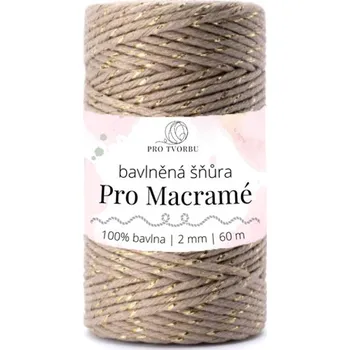 Příze bavlněná šňůra Pro Macramé – STANDARD COTTON 2mm / 50 m - béžová se zlatou nitkou (Šňůra na macramé, 50 m)