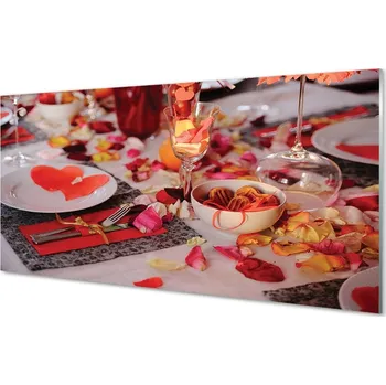 Obraz Obraz na skle Srdce okvětní lístky růží večeře brýle 100x50 cm 2 Přívěsky