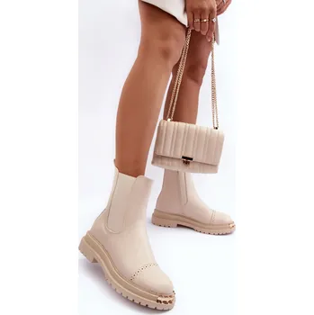 Dámské kozačky Dámské kožené boty s krátkou patou Nialee Barva: Béžová, Velikost: 40