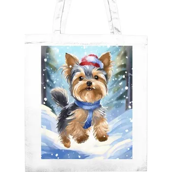Nákupní taška Nákupní taška unisex s potiskem Jorkšírek na sněhu se Santovskou čepicí