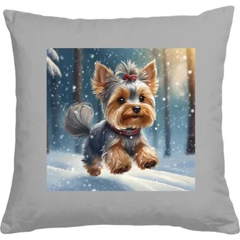 Dekorativní polštářek Polštář bavlněný s potiskem Polštářek s jorkšírkem v zimním lese