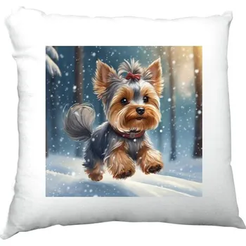 Polštář Polštář saténový s potiskem Polštářek s jorkšírkem v zimě
