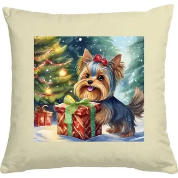 Dekorativní polštářek Polštář bavlněný s potiskem Vánoční polštářek s jorkšírkem