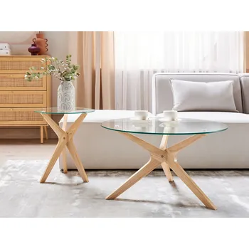 Konferenční stolek Sada 2 stolků kulatá deska z tvrzeného skla nohy z kaučukového dřeva moderní obývací pokoj Beliani