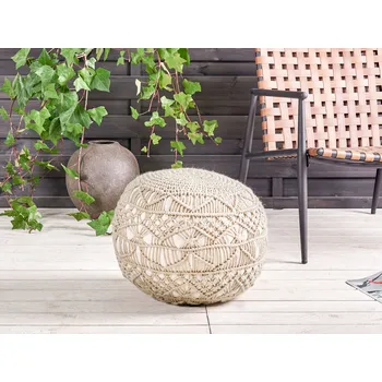 Taburet Zahradní puf béžový syntetický materiál 50 x 50 cm kulatý tvar venkovní taburet podnožka ručně pletený makramé boho styl interiér exteriér Beliani