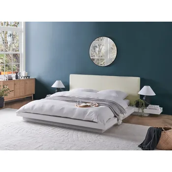 Postel Postel v japonském stylu bílá 160 x 200 cm nízký dřevěný rám postele z MDF čelo z umělé kůže noční stolky Beliani