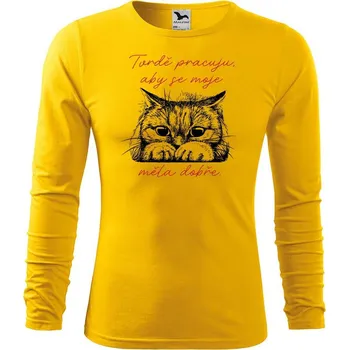 DOBRÝ TRIKO Pánské bavlněné triko Tvrdě pracuju kočka Velikost: XL, Barva: Žlutá