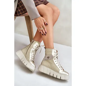 Dámské kozačky Kožené Ploché Šněrovací Botky Maciejka 06158-01 Barva: Zlatá, Velikost: 37