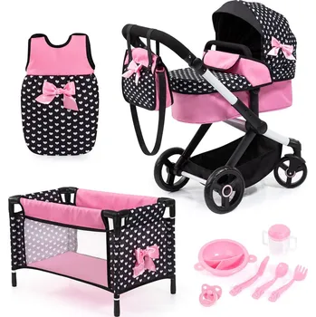 Kočárek pro panenku Bayer Design Combi Xeo Mega Set, černý/růžový/srdíčka