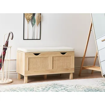 Zahradní lavice Lavice s úložným prostorem světlé dřevo proutěné ratanové čelo sedadlo polštář úložný prostor chodba Beliani