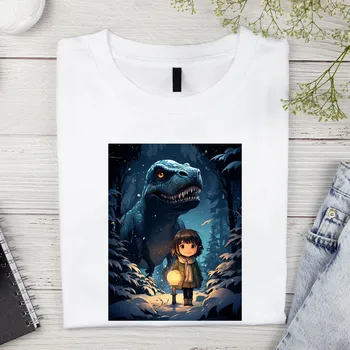 Dámské tričko Dámské tričko - Dinosaur v lese Barva: Bílá, Velikost: S