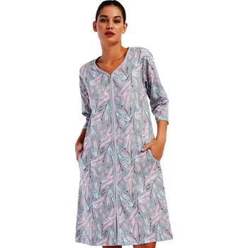 Dámská noční košile Šedý župan nebo košilka pro ženy či dívky celopropínací na zip s listím 1G0624 šedá m